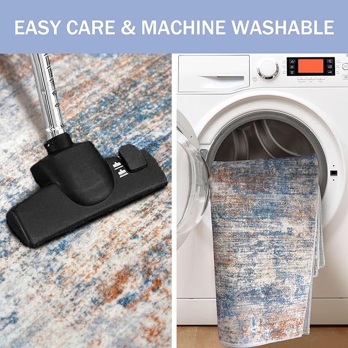 IOHOUZE Abstract Runner Rug 3x8 Ft Washable Runners for Hallways, Non Slip Kitchen Runner Printed Faux Wool Entryway Runner Indoor, Modern Abstract Floor Carpet for Hall Bedroom, Blue Rust