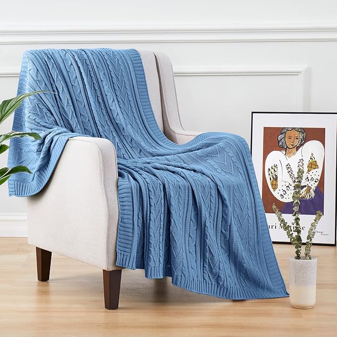 Aormenzy Dusty Blue Cable Knit Throw Blankets for Couch Bed Sofa, Acrylic Knitted Blanket, Soft Cozy Throw Blanket, 50" x 60"