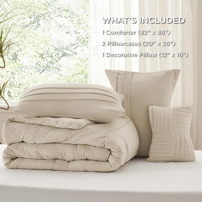 Bedsure Full Comforter Set - 4 Pieces Pinch Pleat Bed Set, Linen Boho Bedding for All Season, 1 Soft Comforter, 2 Pillowcases, 1 Decorative Pillow