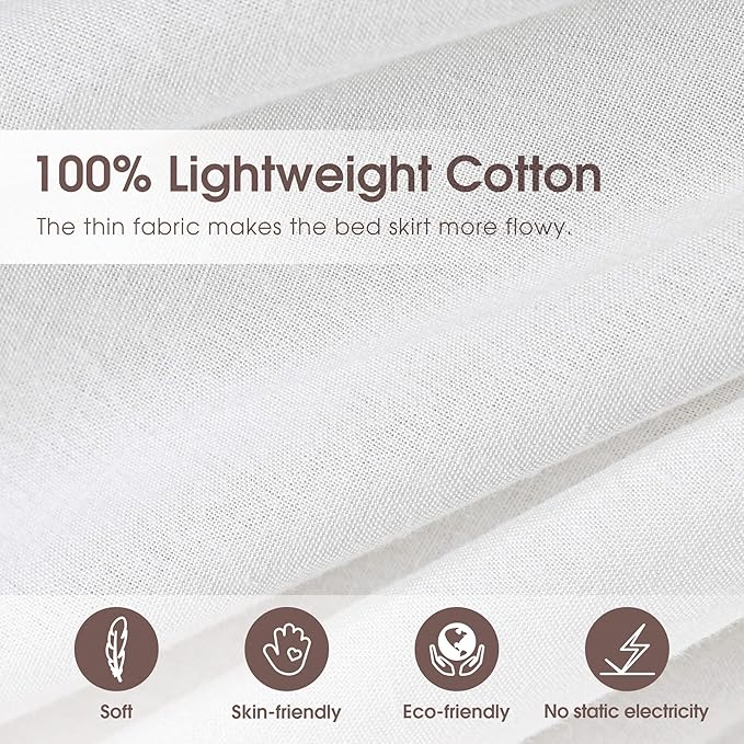 Twin Size 21" Drop - White Lightweight Cotton Bed Skirt with Crochet Edge - Dust Ruffle with Split Corner - Soft, Elegant, Breathable Bedding Accessory