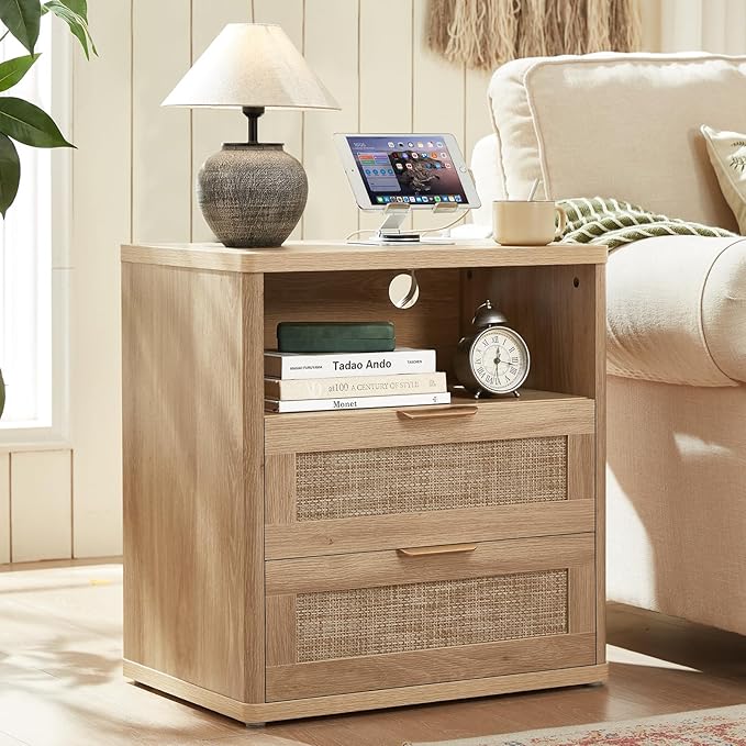LEYAOYAO Rattan Dresser and Nightstand Sets 3 Piece, Boho Wood Dresser for Bedroom with 6 Drawers and Night Stand with Charging Station, Bedroom Furniture, Dressers & Chests of Drawers, Living Room