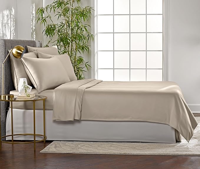 Pure Bamboo Queen Sheets, Genuine 100% Organic Viscose Derived from Bamboo Bed Sheet Set, Luxuriously Soft & Cooling, Double Stitching, 2 Year Quality Promise (Queen, Sand)