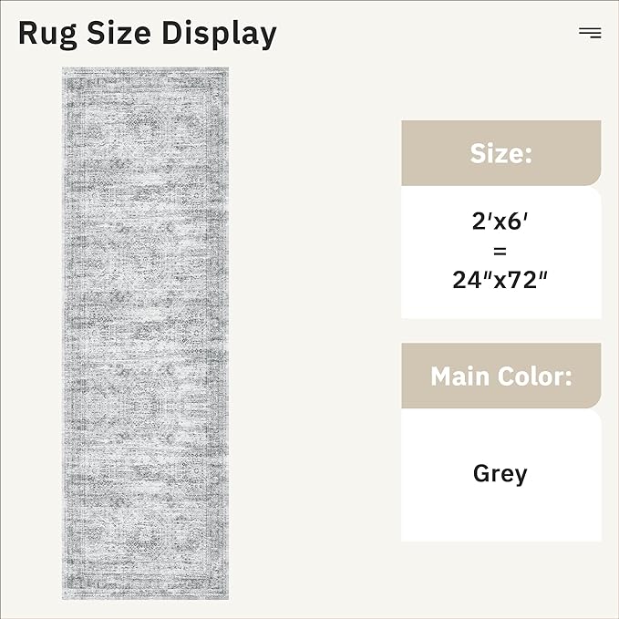 Runner Rug 2'x6' Washable Non-Slip Runner Rugs for Kitchen Bathroom Laundry Room Grey Vintage Floor Carpet Runners for Hallway Entryway
