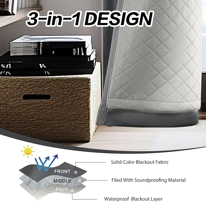 3-in-1 Grey 50x120 Grommet Soundproof Curtains Full Blackout Curtains Thermal Insulation for Bedroom Living Room,1 Panel