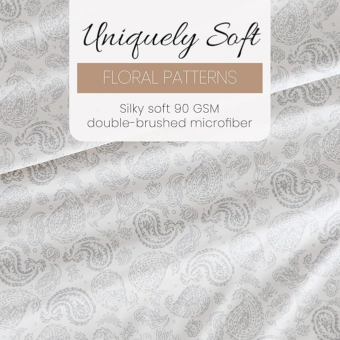 Linen Market Double-Brushed Patterned Microfiber Twin Sheet Set 3 Piece – Oeko-TEX Certified Ultra Soft & Wrinkle-Free - 16" Deep Pocket Sheets - Easy Care Twin Size - Coarse Paisley Light Gray