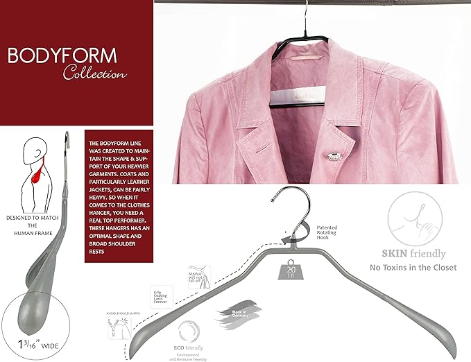 Mawa by Reston Lloyd BodyForm Series Non-Slip Space-Saving Clothes Hanger for Jackets, Suits and Coats, 16-1/2", Style 42/L, Silver, Set of 2