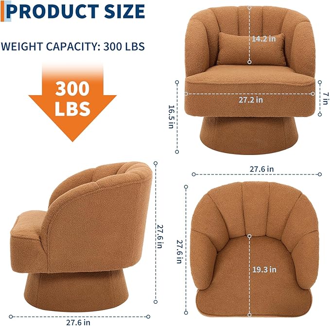 GarveeHome Modern Swivel Barrel Accent Chair, 360° Teddy Fabric Upholstered Armchair with Striped Backrest & Plush Padding, Comfy Round Lounge Chair for Living Room, Bedroom, Reading Nook, Brown 2 PCS