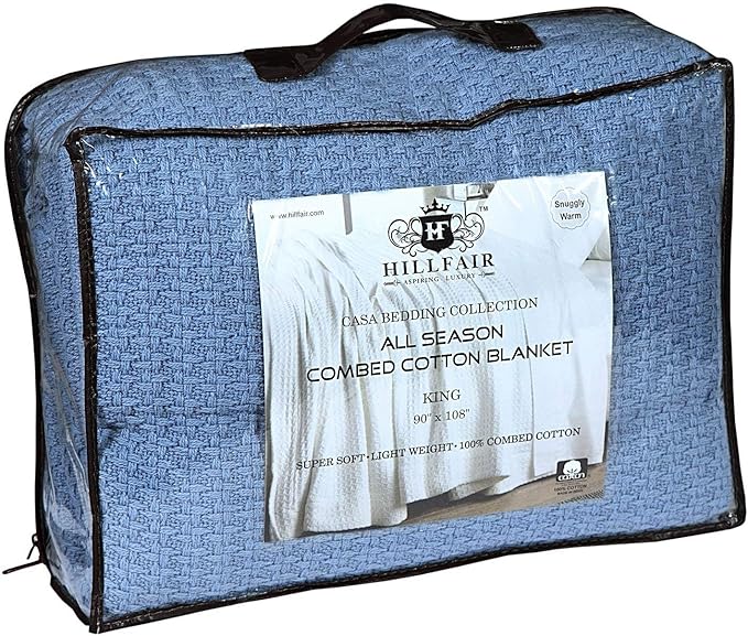 HILLFAIR 100% Combed Cotton Blanket– King Bed Blanket– Soft Cozy Warm Multipurpose Throws for Luxury Home Decor– 90 x 108 inch King Size Cotton Blankets for Beds- Bed Blankets for All Season- Blue