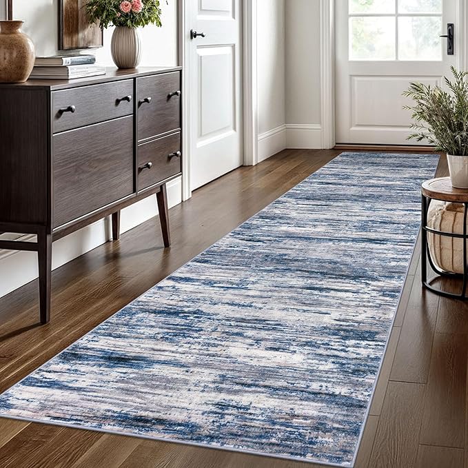 2.6x10 Modern Abstract Runner Rug for Hallways, Navy Blue Gray Neutral Multi Super Soft Hallway Decor Kitchen Rugs with Non-Slip, Non-Shedding Washable Rug for Entryway Bedroom Indoor