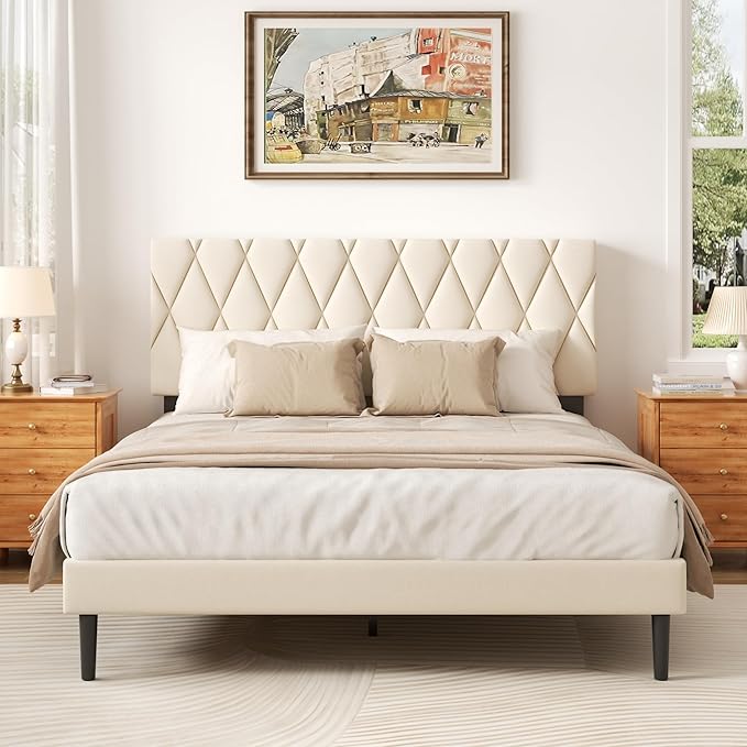 Queen Size Bed Frame with Diamond Tufted Headboard, Velvet Upholstered Platform Bed and Wooden Slat Support, Noise-Free, No Box Spring Needed, Easy Assembly, Beige