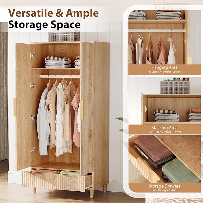 VINGLI Fluted Wardrobe Closet Armoire with Doors And Drawers, Wardrobe Cabinet with Hanging Rack, Bedroom Closet Wood, Oak Free Standing Armoire with Shelf and Solid Wood Legs, 31.5"W*19.7"D*69.3"H