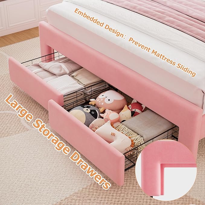Velvet Upholstered Queen LED Bed Frame with 2 Storage Drawers and Adjustable Chic Double Wavy Headboard, Princess Platform Bed with Charing Station, Solid Wood Slats Support,No Box Spring Needed,Pink