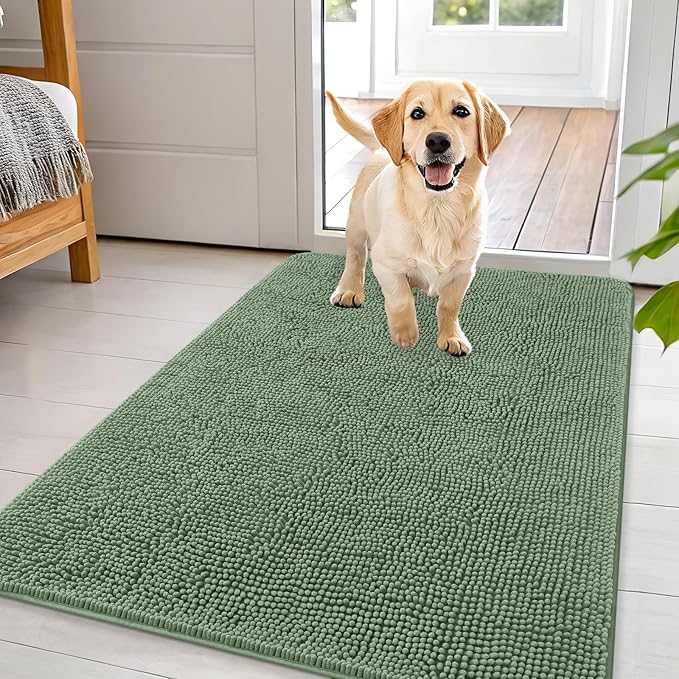 OLANLY Dog Door Mat for Muddy Paws 44x32, Absorbs Moisture and Dirt, Absorbent Non-Slip Washable Doormat, Quick Dry Chenille Mud Mat, Entry Indoor Entryway Carpet for Inside Floor, Olive Green