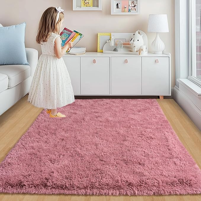 Fluffy Rug for Bedroom, 4x6 Blush Pink Shag Area Rug for Living Room, Soft Modern Indoor Fuzzy Plush Rug, Non-Slip Shaggy Carpet for Girls Kids Room Nursery Dorm Home Decor