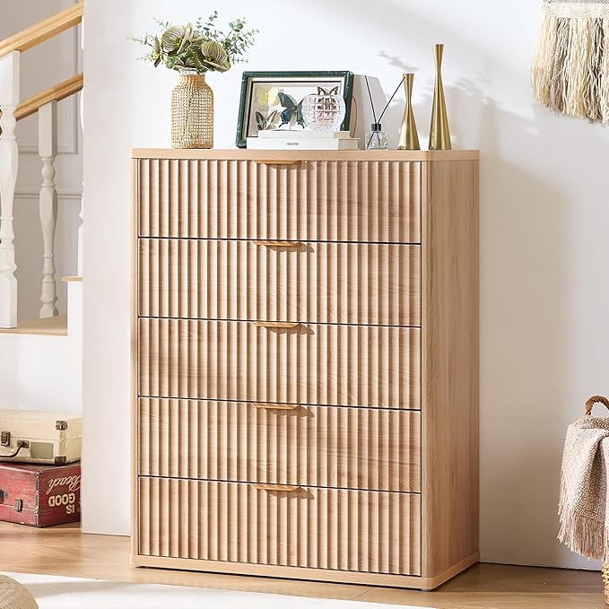 LEYAOYAO Fluted 5 Drawers Dresser Set of 2, 41" Tall Modern Chest of Drawers with Metal Handle, Curved Profile Dresser TV Stand, Wooden Drawer Organizer for Bedroom, Living Room, Hallway, Navy Blue