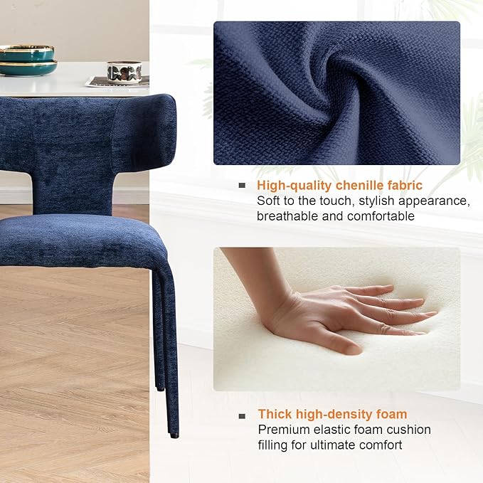 Kidol & Shellder Dining Chairs Set of 2,Modern Upholstered Fabric Dining Room Chairs with Curved Barrel Back,Armless Kitchen Chairs with Metal Legs and Padded Seat for Living Room and Bedroom Blue