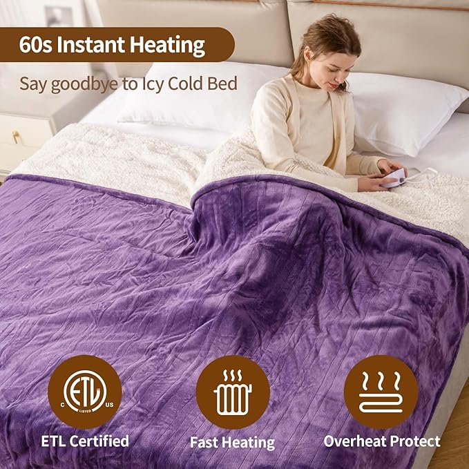 Bearhug Electric Blanket Twin Size 62" x 84", Velvet & Sherpa Purple Heated Blanket, 10 Heating Levels & 0.5-12H Auto Off, Over-Heat Protect, ETL Certification, Machine Washable, Gift Box