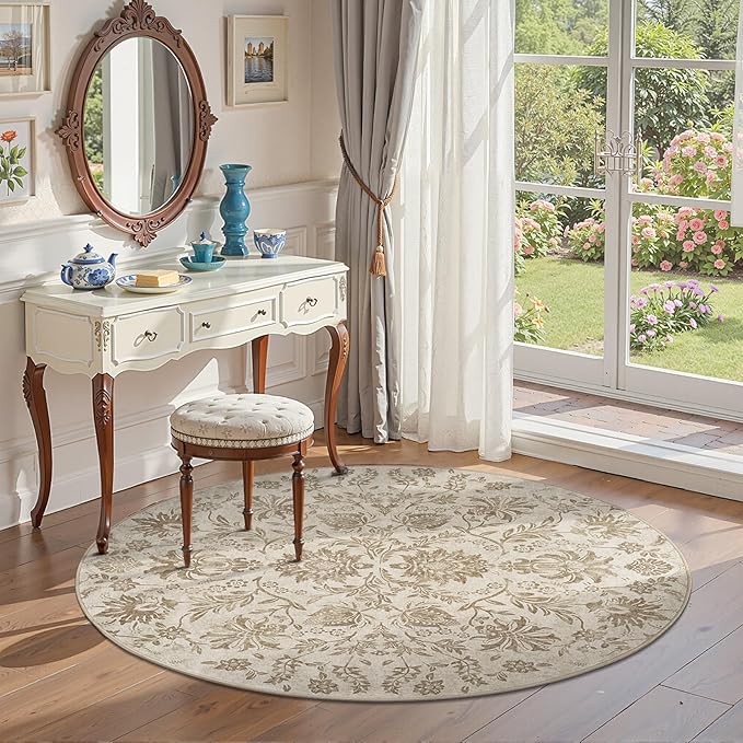 jinchan Torino Classic Floral Round Rug 5ft, Vintage-Inspired Neutral Design 5’Circle Rug, Machine Washable Ultra-Thin Low-Pile Non-Slip Indoor Carpet for Bedroom Living Room Entryway Taupe