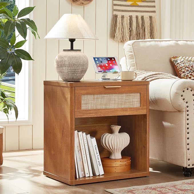 LEYAOYAO Rattan Dresser and Nightstand Set of 3, Boho Wood Dresser for Bedroom with 6 Drawers and Night Stand with Charging Station, Bedroom Furniture, Dressers & Chests of Drawers,Hallway,Living Room