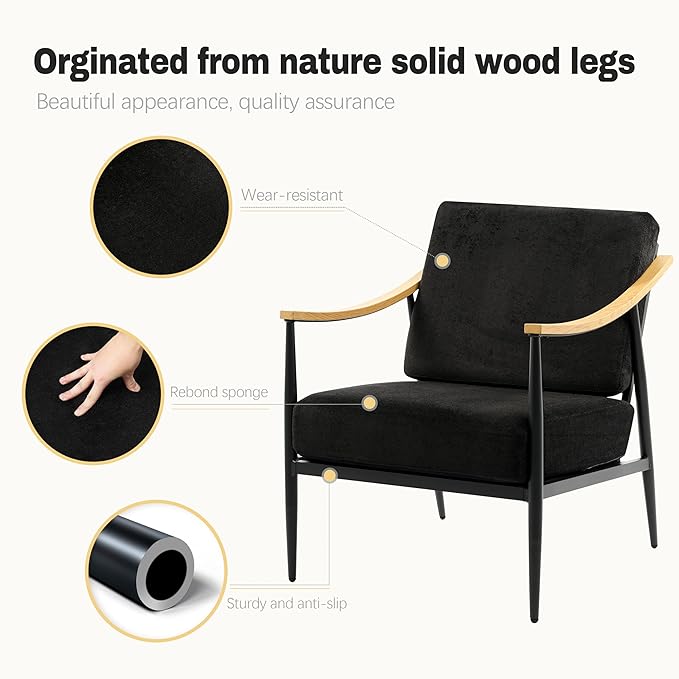 Modern Accent Chairs Set of 2 for Living Room Bedroom Mid Century Arm Chairs Upholstered Office Accent Chairs Comfy Waiting Room Chairs with Metal Frame, Black