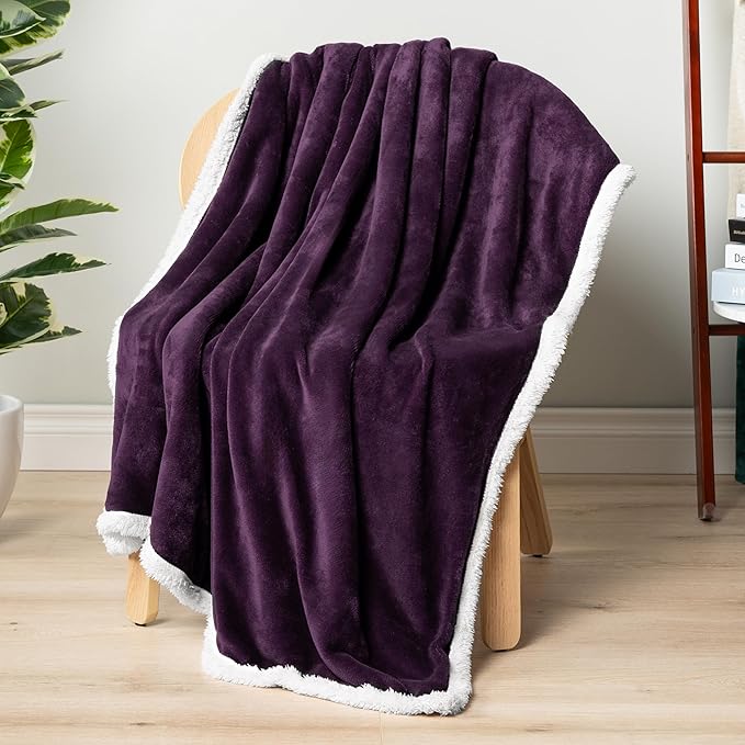 PAVILIA Sherpa Fleece Throw Blanket for Couch, Purple, Plush Soft Fuzzy Sofa Blanket, Cozy Reversible Winter Throw for Women Men, 50x60 Inches