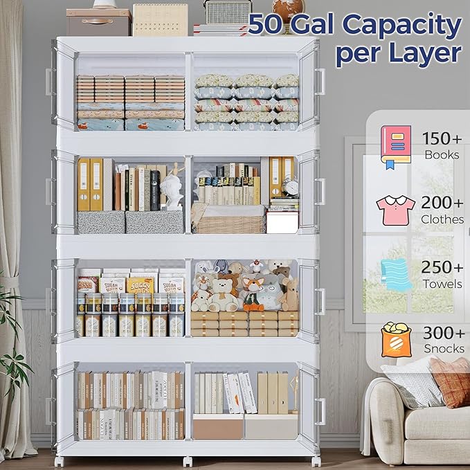 600 QT Extra Large Stackable Storage Bins with Lid, 150 Gal Collapsible Storage Box with Wheels, Folding Closet Organizers and Storage Cabinet with Doors for Home, Kitchen, Office, 3Pack White