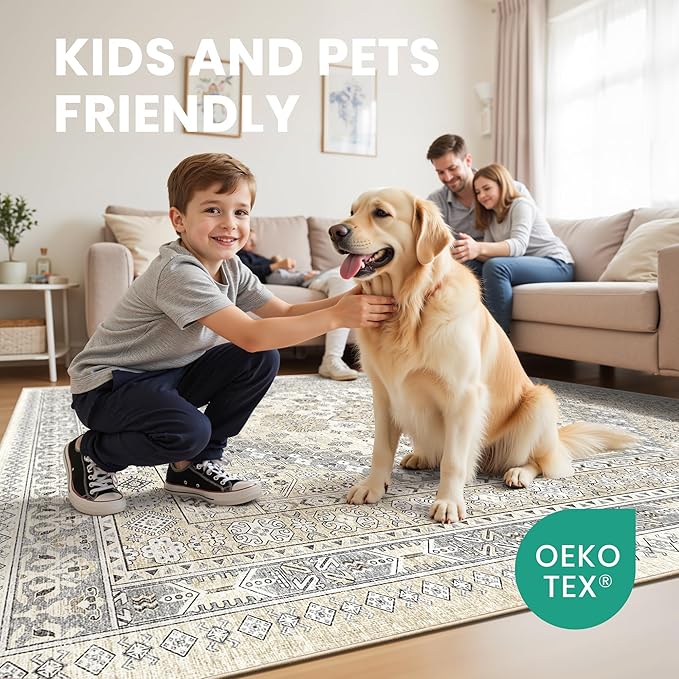 zesthome 7x9 Area Rug, Super Soft Washable Rugs for Living Room, Non-Slip Stain Resistant Vintage Rugs, Ultra-Thin Large Area Rugs (Beige,7'x9')