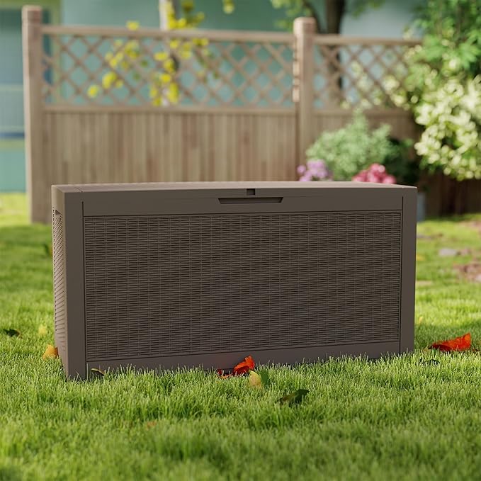 100 Gallon Outdoor Storage Box Waterproof, Resin Deck Boxes with Lockable Lid & UV-Resistant for Patio, Pool, Garden Furniture Cushions & Accessories, Coffee