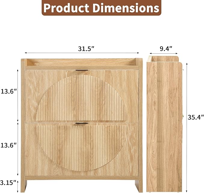 Narrow Shoe Cabinet with 2 Flip Drawers for Entryway,Wood Slim Shoe Rack Cabinet, Freestanding Hidden Shoe Storage Organizer, Space-Saving, Round Fluted Pattern for Hallway, Living Room (Natural)
