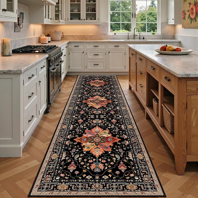Area Rugs 2'x7' Washable Non-Slip, Floral Vintage Distress Print Pattern Medallion Carpet for Living Room Bedroom Dining Room, Black Colorful Floral Dark Tan