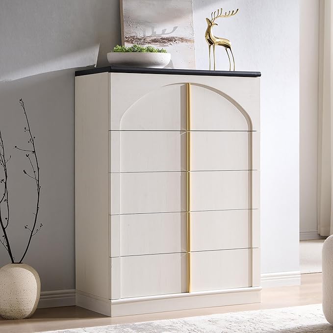 ACCOHOHO Modern 5 Drawers Dresser for Bedroom with Arched Panel,44" Tall Dresser for Closet with Metal Handles,Push-to-Open Wood Storage Closet Dressers Tv Stand for Living Room, Hallway,White