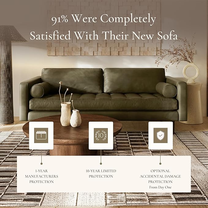 Poly & BARK Napa 88.5" Leather Sofa – Full-Grain Italian-Tanned Aniline Leather, Feather-Down Comfort, Solid Wood Frame, Walnut Legs, Olivine Green