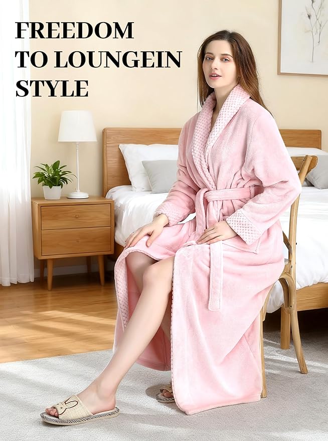 Artfasion Womens Long Fleece Robe - Warm Soft Floor Length Flannel Bathrobes for Winter Thicker Long House Coat with Pockets