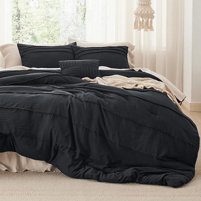 Bedsure Queen Comforter Set - 4 Pieces Pinch Pleat Bed Set, Black Boho Bedding for All Season, 1 Soft Comforter, 2 Pillowcases, 1 Decorative Pillow