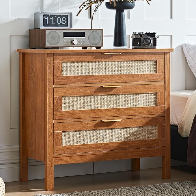LEYAOYAO 31.5" Wide Rattan Night Stand, Large Boho Nightstand, Bedside Table with Storage, Tall Bed Side End Tables, Chest of Drawers for Bedroom, Living Room, Hallway（Brown,3 Drawers,2）
