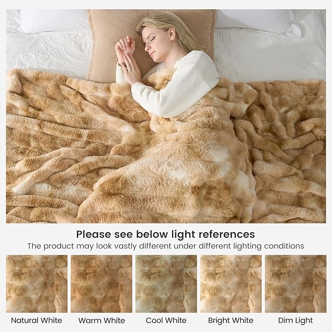 Cozy Bliss Faux Fur Throw Blanket for Couch, Fuzzy Soft Plush Thick Striped Blanket for Sofa Bedroom Living Room, 60 * 80 Inches Tie-dye Khaki