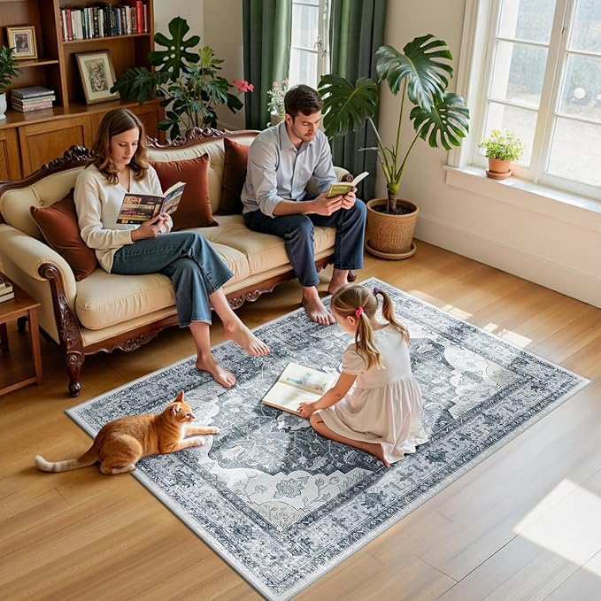 Area Rugs 4'x6' Washable Non-Slip, Floral Vintage Distress Print Pattern Medallion Carpet for Living Room Bedroom Dining Room, Light Gray Grey White