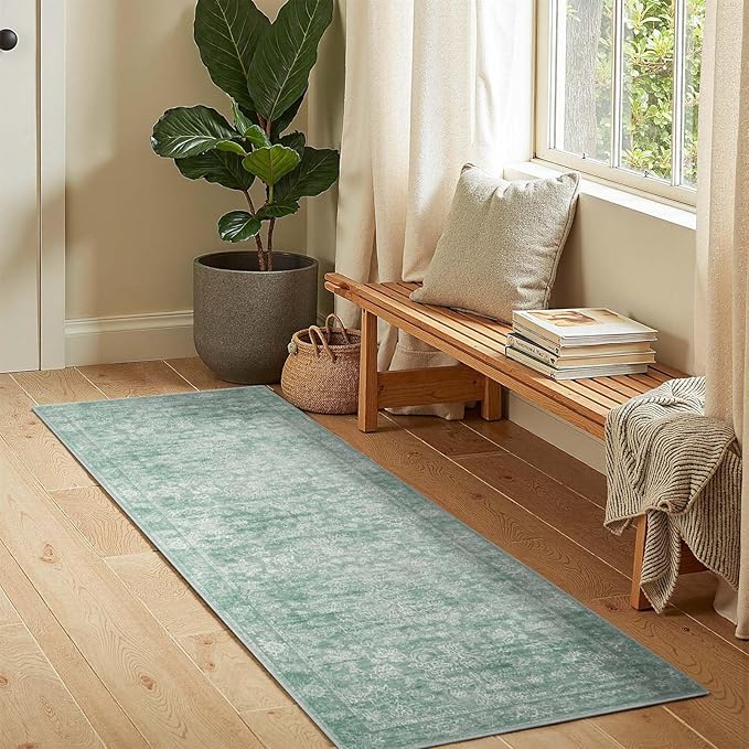jinchan Runner Rug 2x5 Green Kitchen Rug Hallway Runner - Machine Washable Vintage Floral Non-Slip Low Pile Soft Ultra-Thin Distressed Carpet for Entryway Farmhouse Bedroom Laundry Room (2’x5’, Green)