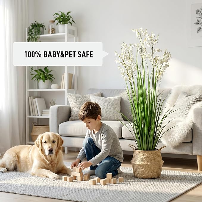 Artificial Tall Grass Plants with Pots 47“ 1 Pack Lily of The Valley Artificial Grass Home Interior Decorating and Outdoor Garden Decorations（White）