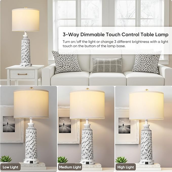 QiMH Table Lamp for Living Room,Bedside Lamps for Bedroom Set of 2 with USB A+C Ports,3-Way Dimmable Touch Control, Modern Coastal White Grey Resin Nightstand Lamp, Included 2700K LED Bulbs