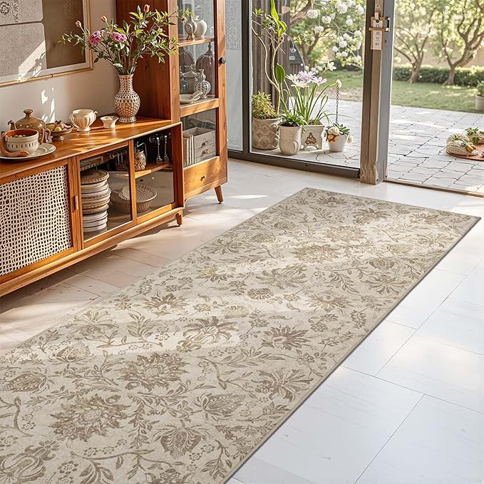 jinchan Torino Runner Rugs 3x8, Vintage-Inspired Floral Neutral Design Machine Washable Non-Slip Ultra-Thin Low-Pile Rubber Backing Traditional Rug for Kitchen Hallway Laundry Room Entryway Taupe