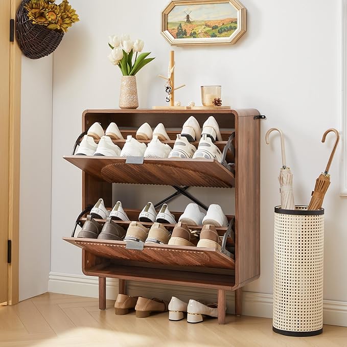 Turtle&Myrtle Modern Shoe Storage Cabinet for Entryway, Narrow Shoe Organizer Cabinet, 2-Tier Flip Down Drawers, Small Freestanding Hidden Wood Slim Shoe Rack,Round Fluted Pattern (Walnut)