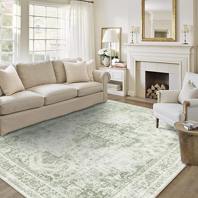 5x7 Vintage Washable Area Rugs Boho Medallion Large Distressed Retro Accent Carpet Floral Non-Slip Soft Low Pile Indoor Throw Rug for Living Room Bedroom Dining Room Office Kitchen, Green