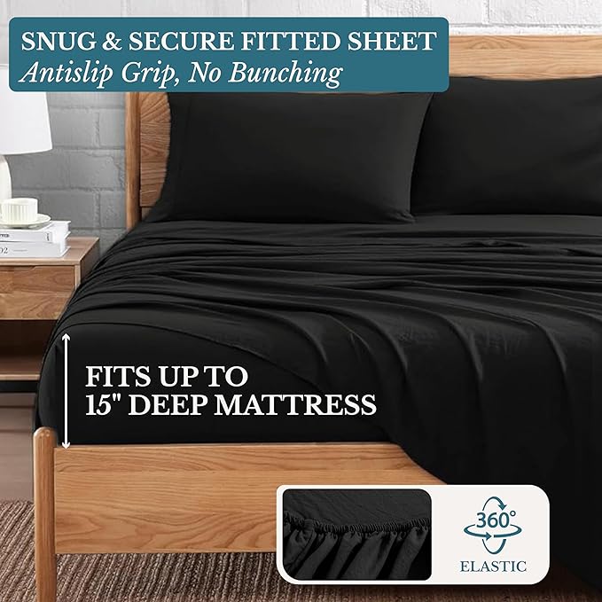 Casa Platino California King Sheets, 4 Piece Set, Pre-Washed Ultra Soft Bed Sheets Set, Brushed Microfiber California King Bedding Sets, California King Size Sheets with 15 inch Deep Pockets - Black