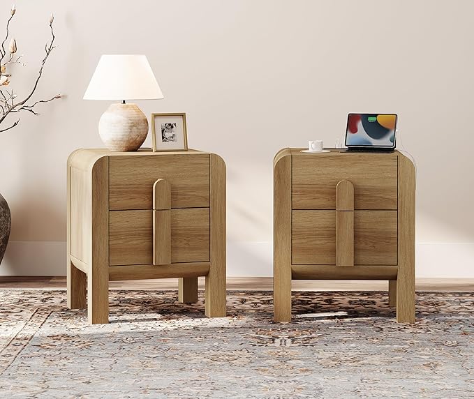 WAMPAT 23.7" Tall Modern Nightstands Set of 2, Wood Nightstand with Charging Station, Bedside Table w/2 Storage Drawers, Curved Profile Design, Sofa Side Table Accent Table for Bedroom, Light Walnut