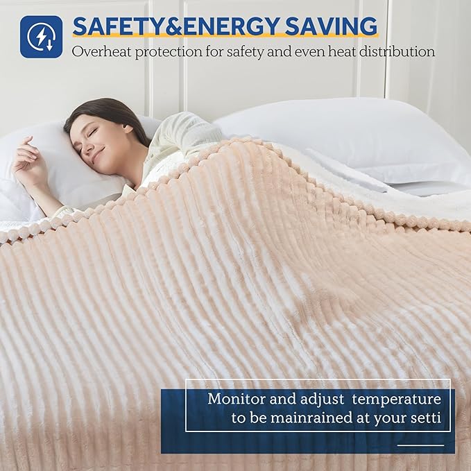 Sealy Electric Blanket Twin Size, Soft Ribbed Flannel to Sherpa Reversible Heated Blanket with 10 Heat Settings & 1 to 12 Hours Auto-Off Overheat Protection Machine Washable, 62"x84" Beige
