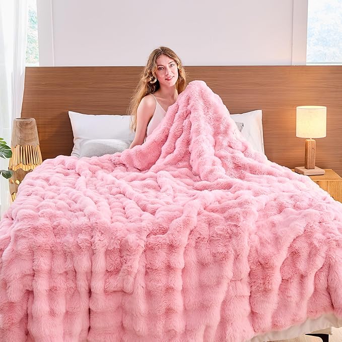 Pink Faux Fur Throw Blanket Soft Plush Fluffy Bubble Texture Cozy Blanket for Couch Bed Sofa Warm Thick Luxury Home Decor Gift for Women Mom Girlfriend (King Size 108''x90'', Pink)