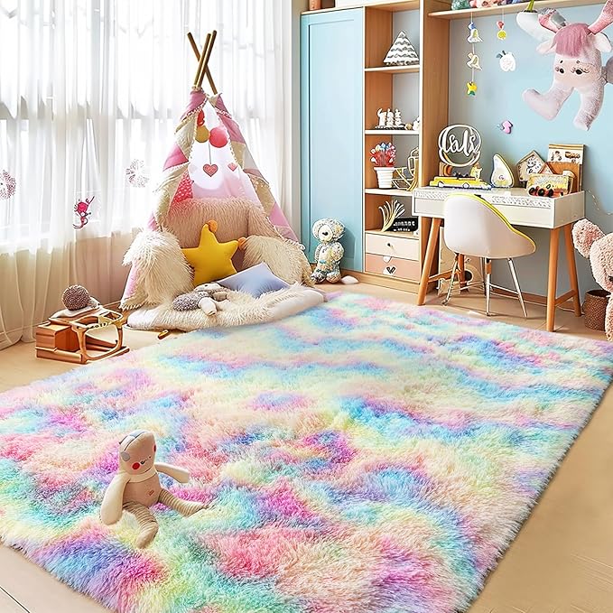 Fluffy Rainbow Rug for Bedroom Girls, 6x9 Cute Colorful Shag Rug for Kids Room, Soft Fuzzy Shaggy Rugs for Living Room Home Decor
