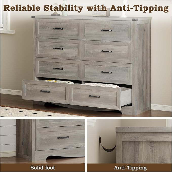 8-Drawer Dresser for Bedroom, Modern Wooden Chest of Drawers with Metal Handles, Anti-Tipping Design, Sturdy and Stable Storage Organizer for Living Room, Entryway, Home Office, Standard