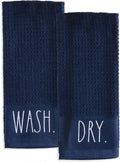 Rae Dunn Set of Hand Towels for Kitchen and Bathroom, 100% Cotton, Embroidered Dish Towels, Decorative Hand Towels, Navy- Wash/Dry, 2 Pack